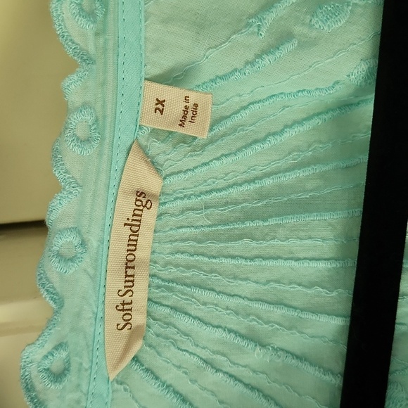 Soft surroundings V-Neck Cotton Embroidered Crop Blouse 2x Aqua - Picture 3 of 8